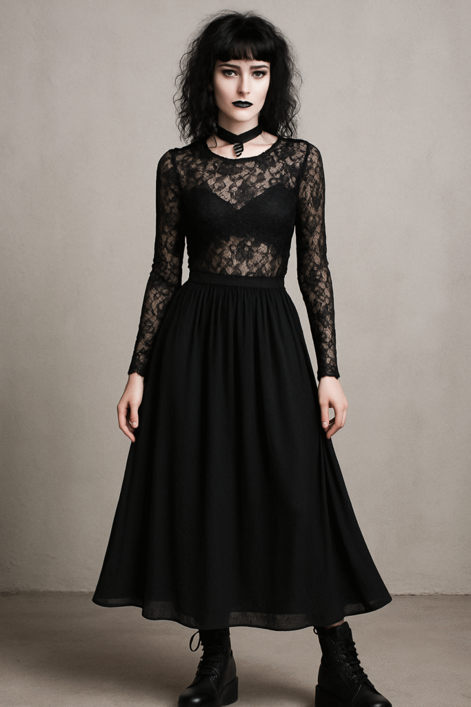 Lace Blouse with Black Maxi Skirt