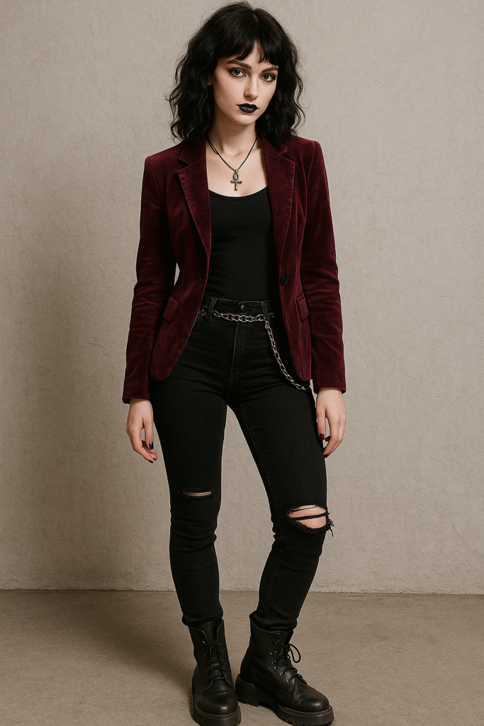 Velvet Blazer over Ripped Jeans