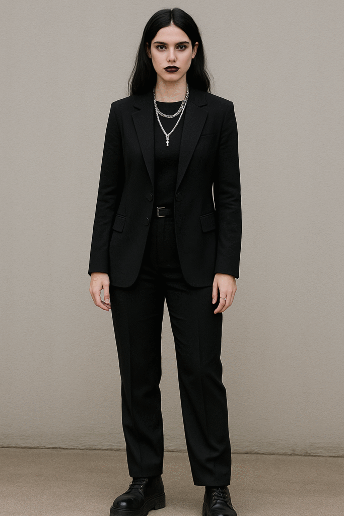 All-Black Suit with Silver Jewelry