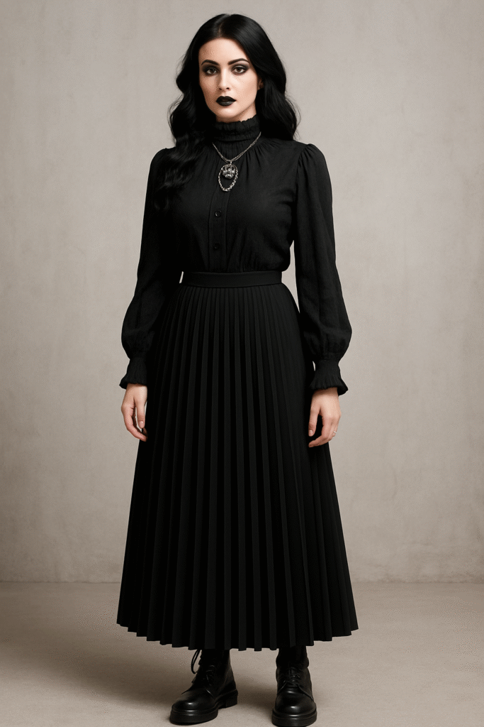 High-Collar Shirt with Long Pleated Skirt